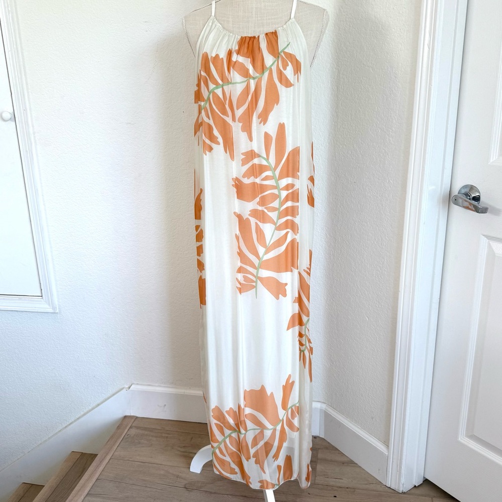 Gigi Moda Venus Foglia Maxi Dress Cream And Orange Print Silk - Made In Italy